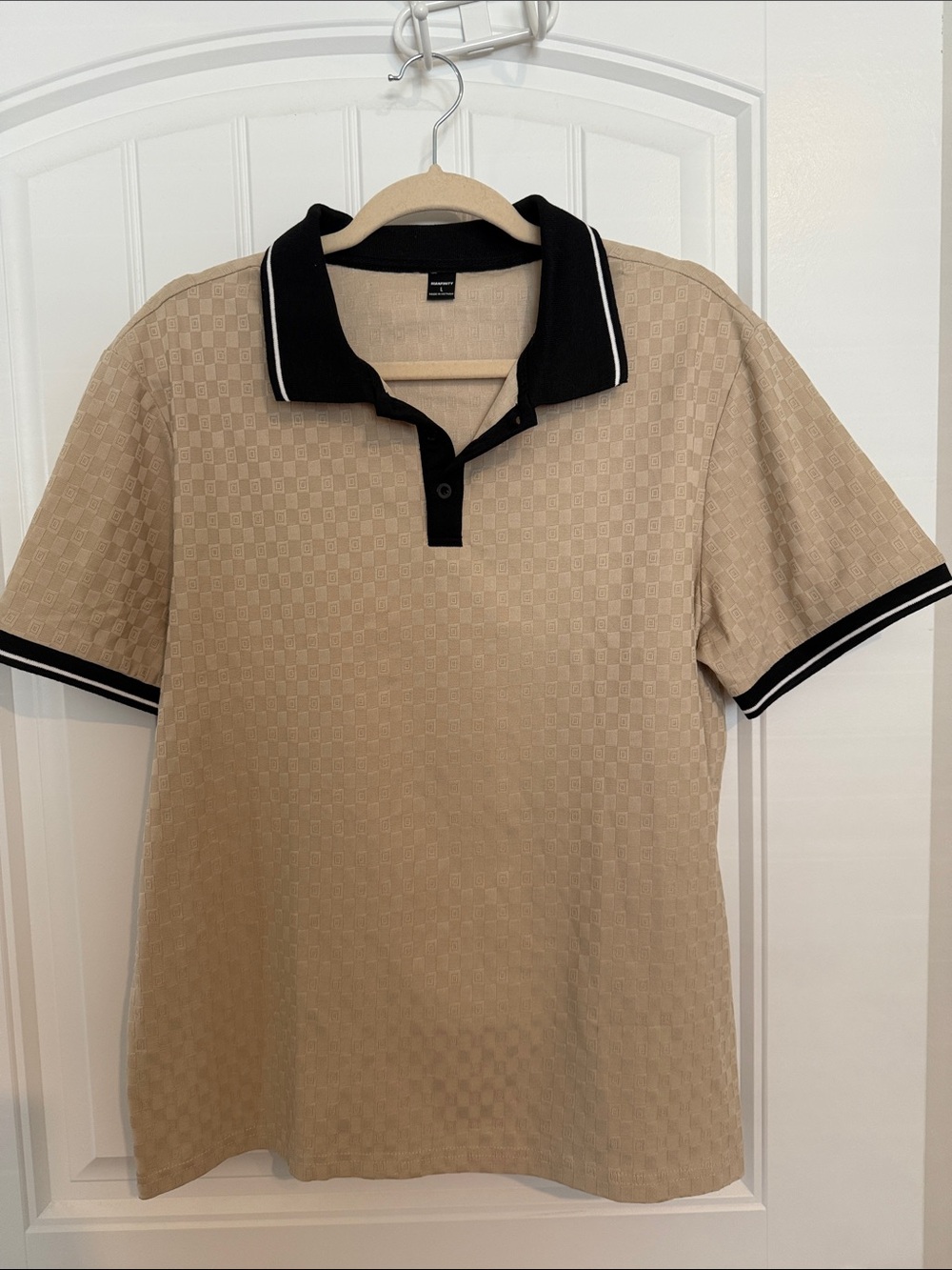 Beige Polo with Black Contrast Collar and Sleeve Trim - Men's